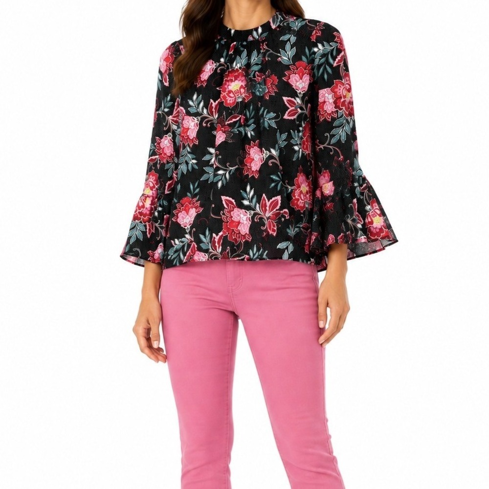 *NWT* Loft Floral Balloon Sleeve Blouse Women S Black Pink Boho Casual Career